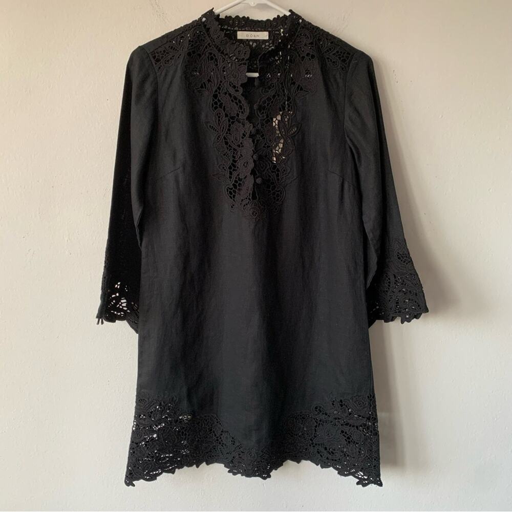 NWT Doen Roselie Linen Lace Crochet Collar 3/4 Sleeve Tunic Mini Dress Black - Picture 7 of 16